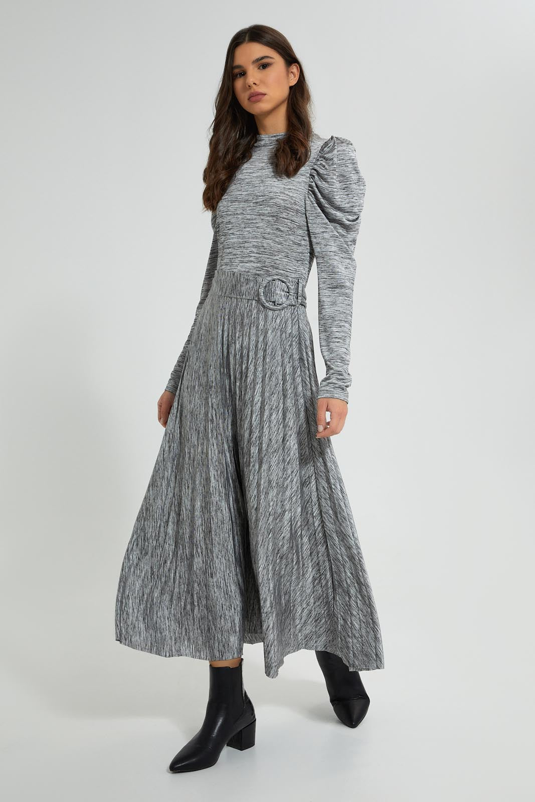 Redtag-Grey-Belted-Pleated-Skirt-Midi-Dress-Dresses-Women's-