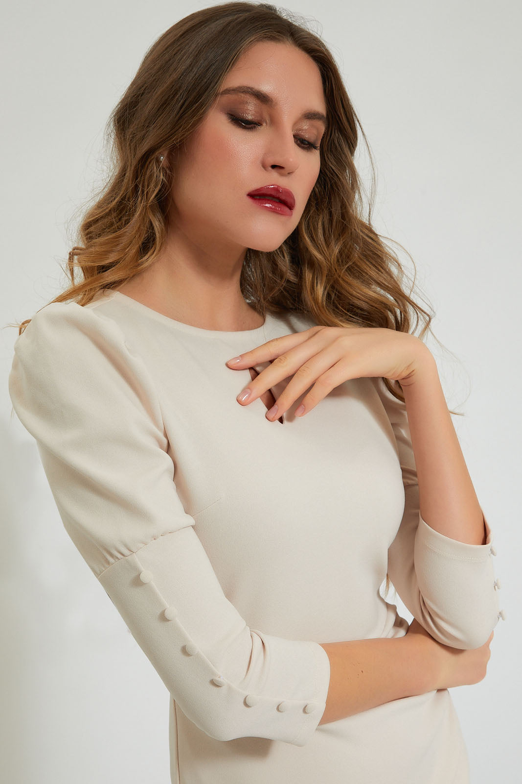 Redtag-Beige-Puff-Sleeve-Bodycon-Dress-Dresses-Women's-
