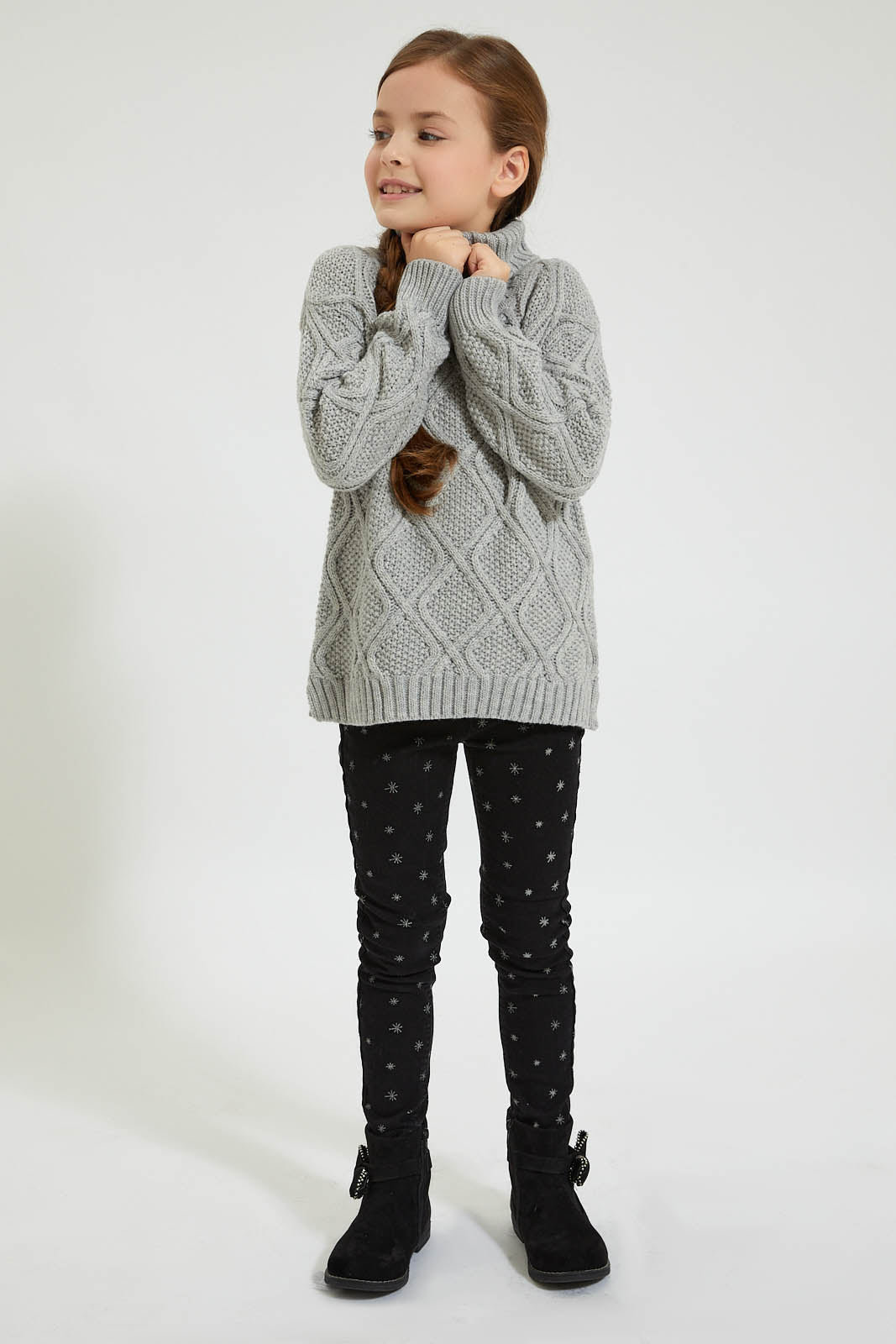 Redtag-Grey-Turtle-Neck-Cardigan-Pullovers-Girls-2 to 8 Years
