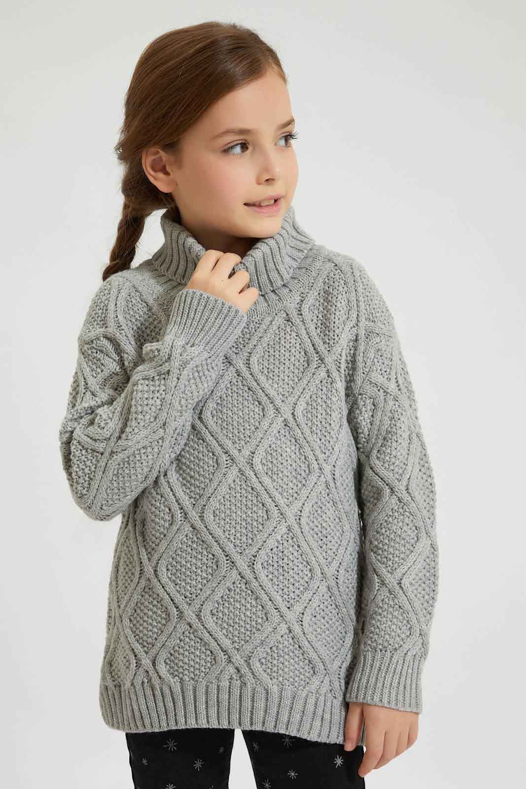 Redtag-Grey-Turtle-Neck-Cardigan-Pullovers-Girls-2 to 8 Years