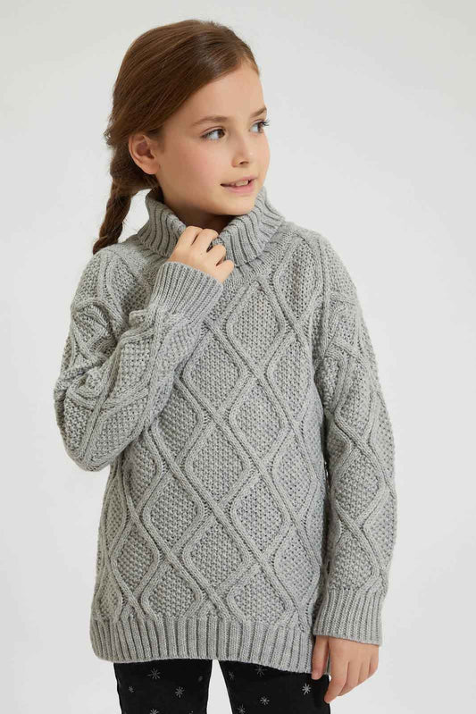 Redtag-Grey-Turtle-Neck-Cardigan-Pullovers-Girls-2 to 8 Years