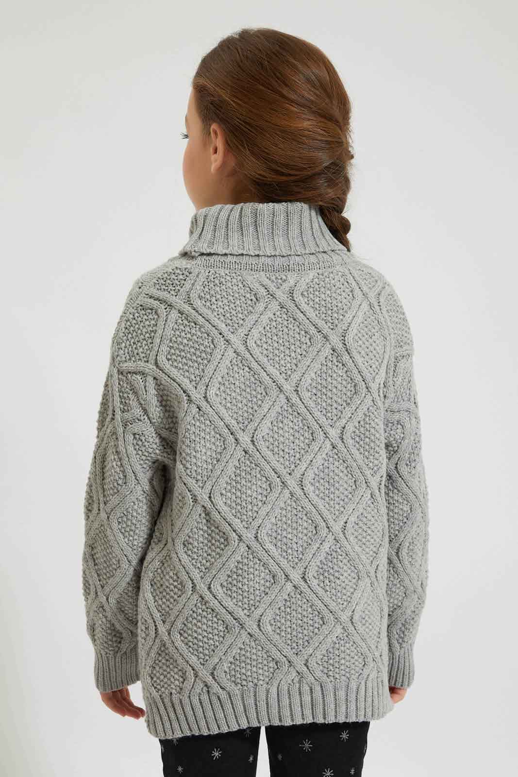 Redtag-Grey-Turtle-Neck-Cardigan-Pullovers-Girls-2 to 8 Years