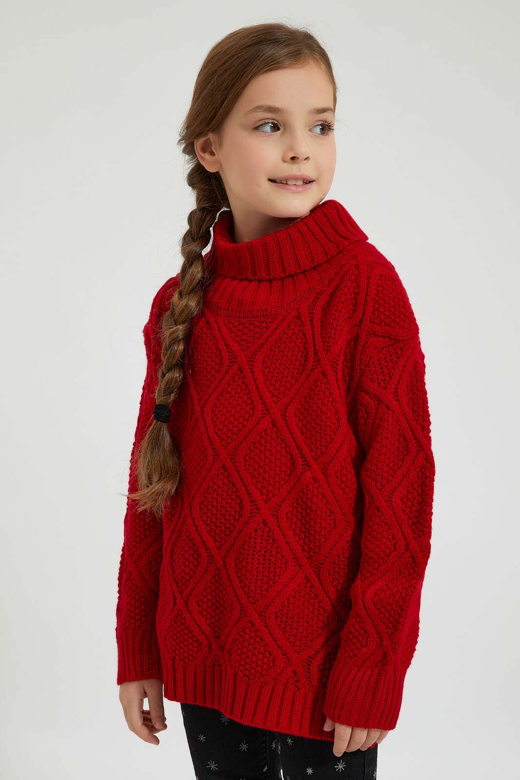 Redtag-Red-Turtle-Neck-Cardigan-Pullovers-Girls-2 to 8 Years