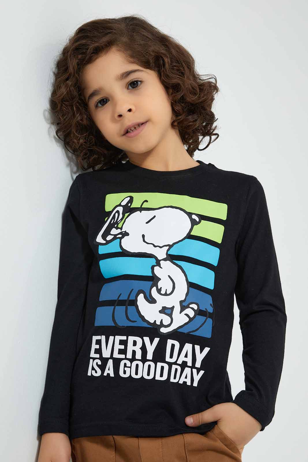 Redtag-Black-Snoopy-Long-Sleeve-T-Shirt-Boys-T-Shirts,-Character,-Colour:Black,-Filter:Boys-(2-to-8-Yrs),-New-In,-New-In-BOY,-Non-Sale,-Section:Kidswear,-TBL,-W21B-Boys-2 to 8 Years