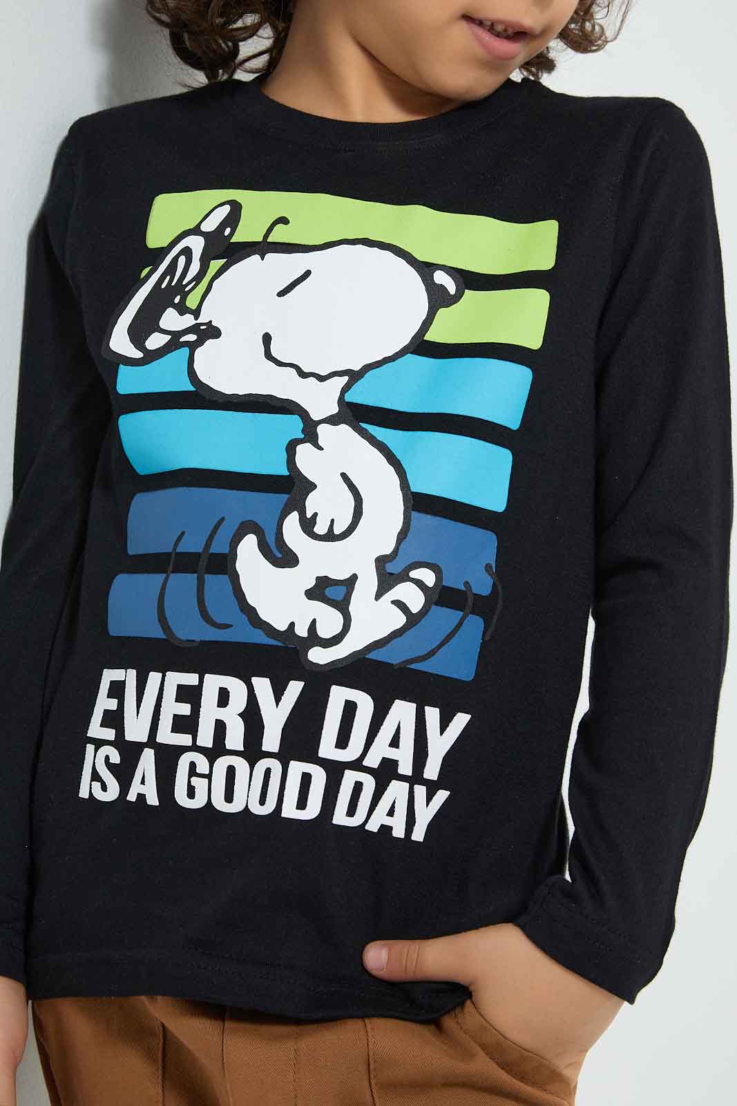 Redtag-Black-Snoopy-Long-Sleeve-T-Shirt-Boys-T-Shirts,-Character,-Colour:Black,-Filter:Boys-(2-to-8-Yrs),-New-In,-New-In-BOY,-Non-Sale,-Section:Kidswear,-TBL,-W21B-Boys-2 to 8 Years