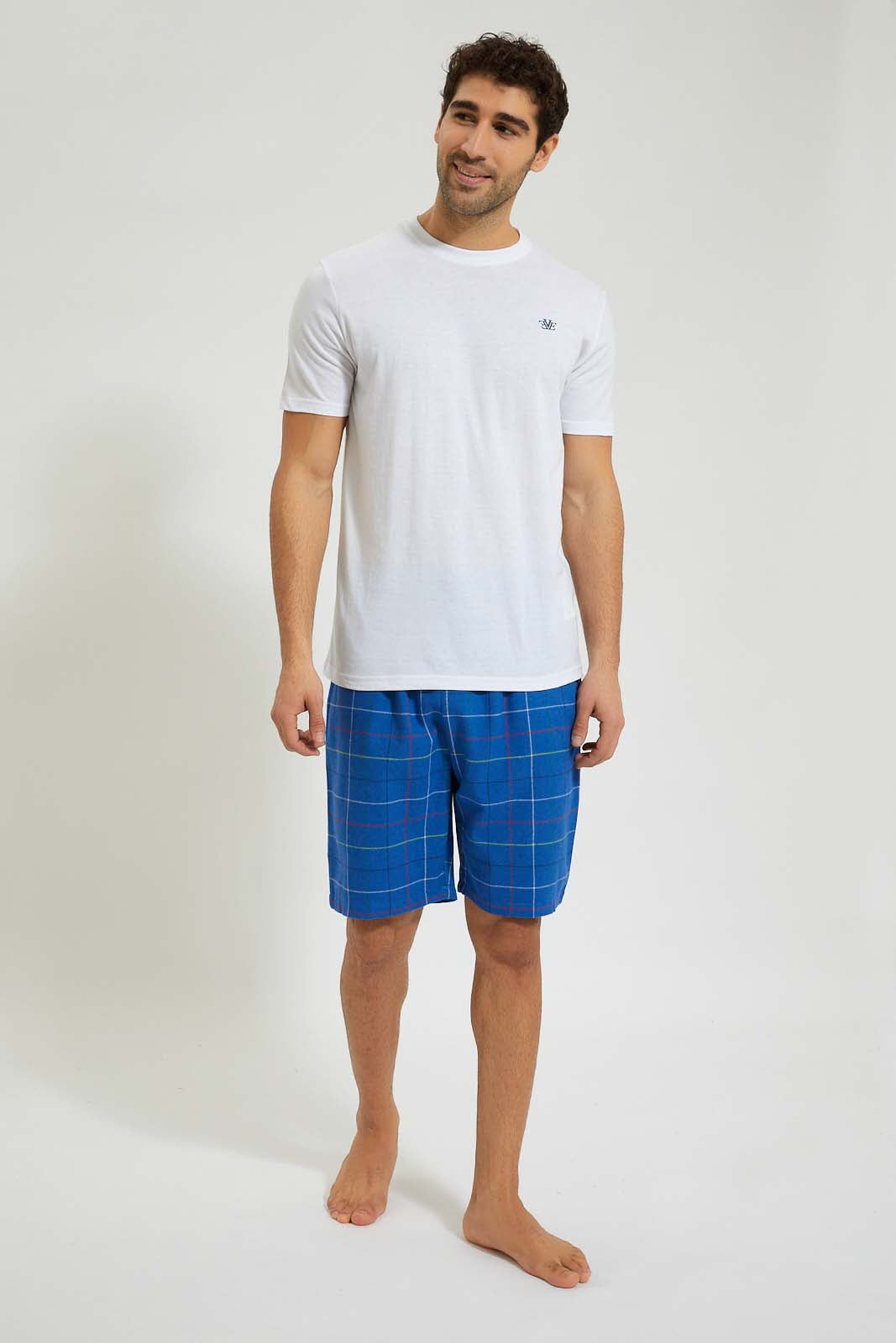 Redtag-White-T-Shirt-With-Flannel-Shorts-Set-Colour:White,-Filter:Men's-Clothing,-Men-Pyjama-Sets,-New-In,-New-In-Men,-Non-Sale,-Section:Men,-W21B-Men's-