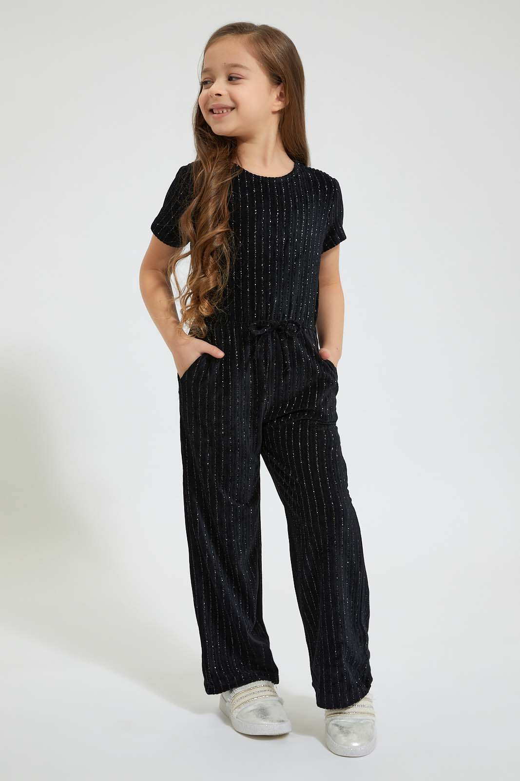 Redtag-Black-Lurex-Jumpsuit-Colour:Black,-Filter:Girls-(2-to-8-Yrs),-Girls-Jumpsuits,-New-In,-New-In-GIR,-Non-Sale,-Section:Kidswear,-W21B-Girls-2 to 8 Years