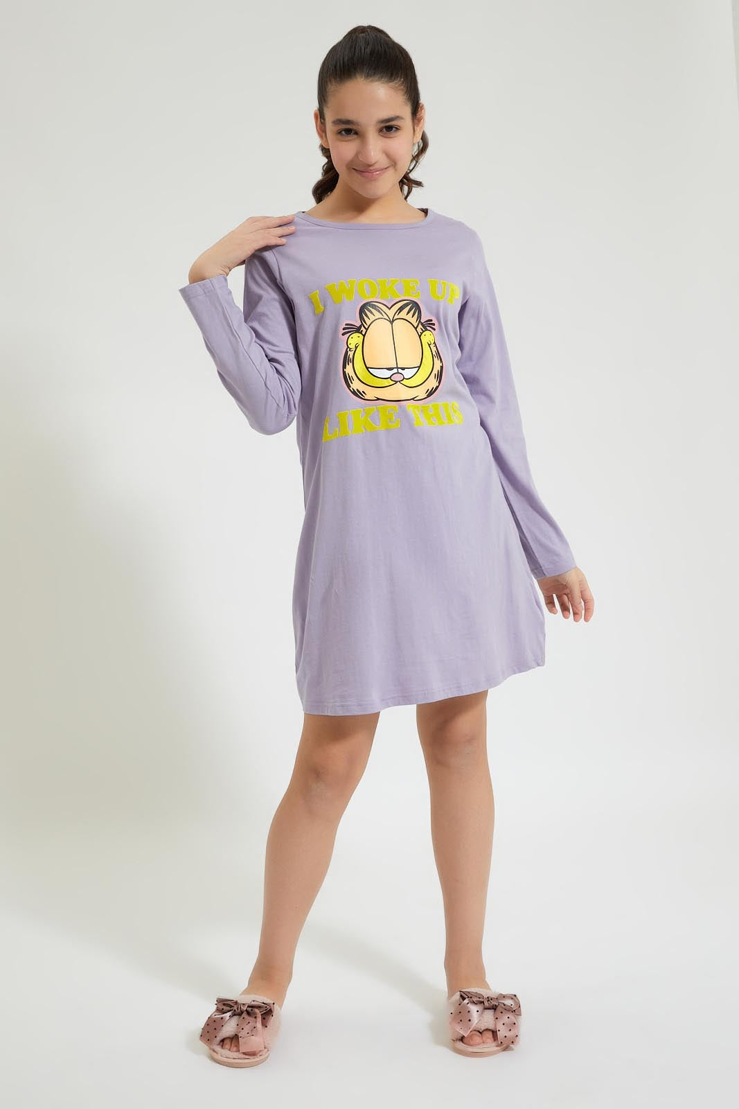 Redtag-Purple-Garfield-Frills-Ls-Long-Length-Night-Dress-W/-Eye-Mask-Colour:Assorted,-Filter:Senior-Girls-(9-to-14-Yrs),-GSR-Nightshirts,-New-In,-New-In-GSR,-Non-Sale,-Section:Kidswear,-W21B-Senior-Girls-9 to 14 Years