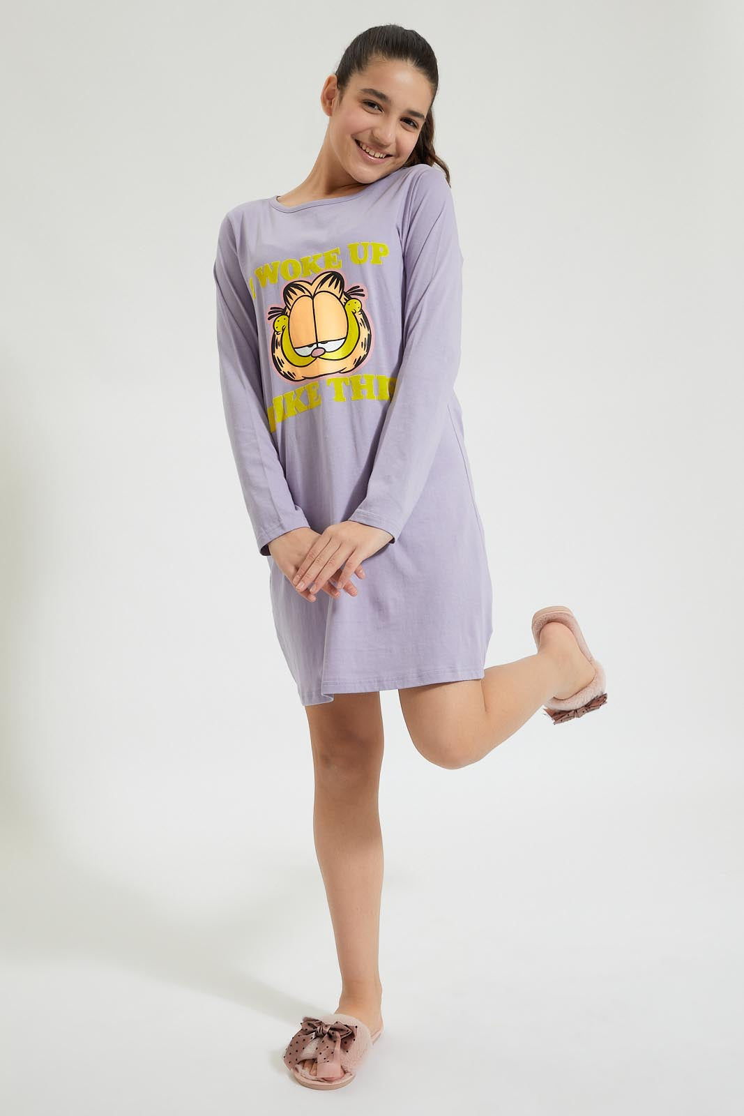 Redtag-Purple-Garfield-Frills-Ls-Long-Length-Night-Dress-W/-Eye-Mask-Colour:Assorted,-Filter:Senior-Girls-(9-to-14-Yrs),-GSR-Nightshirts,-New-In,-New-In-GSR,-Non-Sale,-Section:Kidswear,-W21B-Senior-Girls-9 to 14 Years