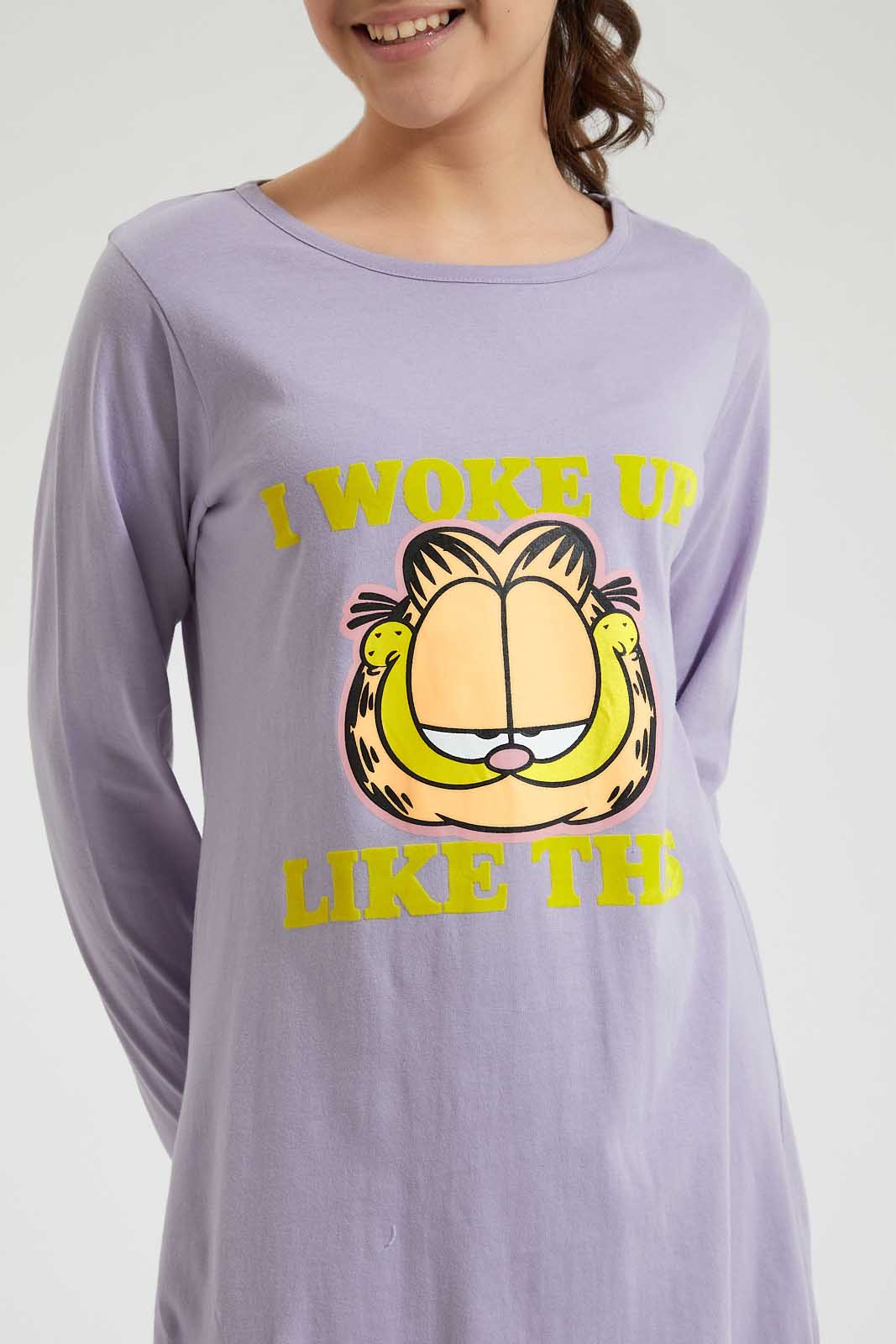 Redtag-Purple-Garfield-Frills-Ls-Long-Length-Night-Dress-W/-Eye-Mask-Colour:Assorted,-Filter:Senior-Girls-(9-to-14-Yrs),-GSR-Nightshirts,-New-In,-New-In-GSR,-Non-Sale,-Section:Kidswear,-W21B-Senior-Girls-9 to 14 Years