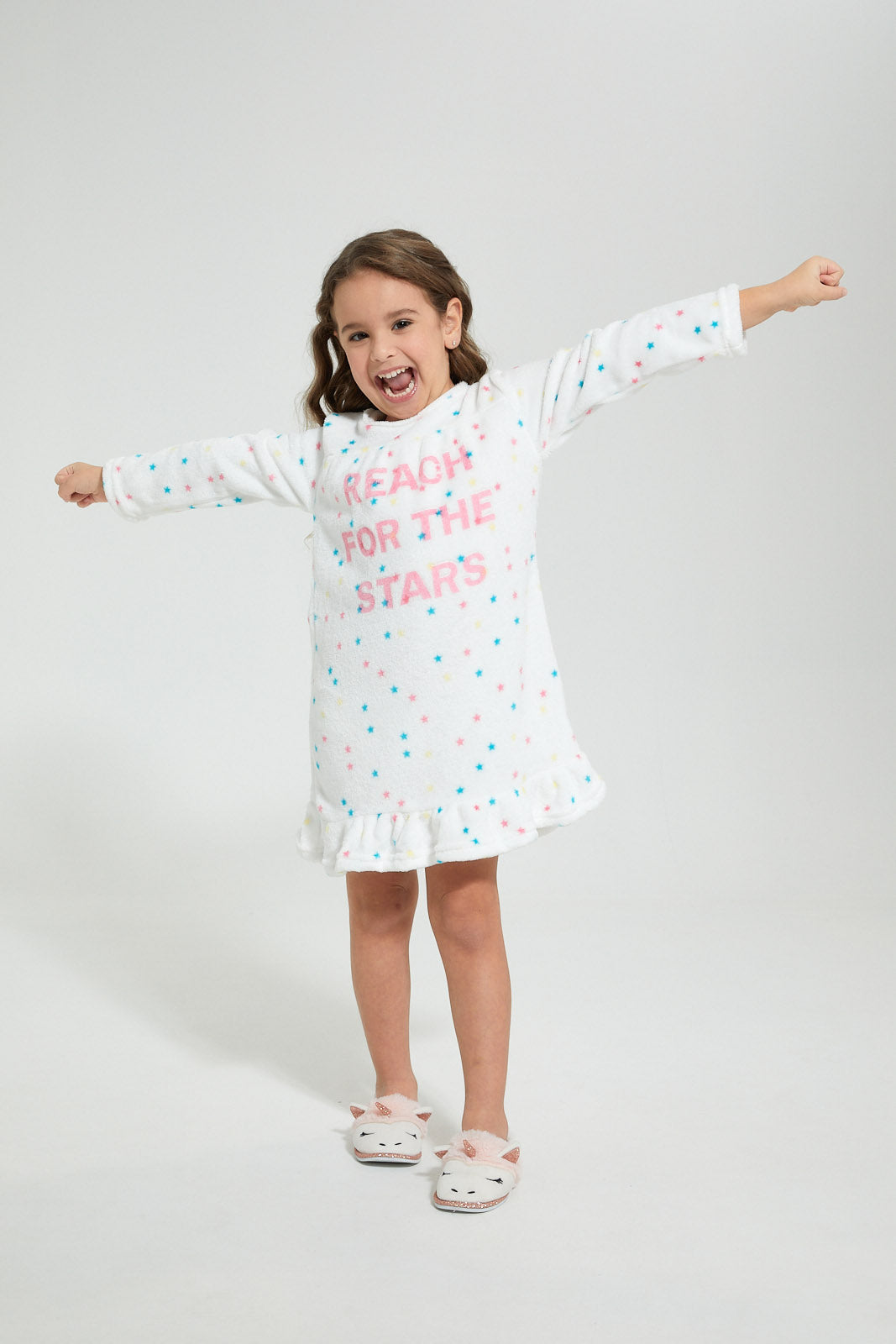 Redtag-White-Flannel-Fleece-Printed-Nightshirt-Nightshirts-Girls-2 to 8 Years