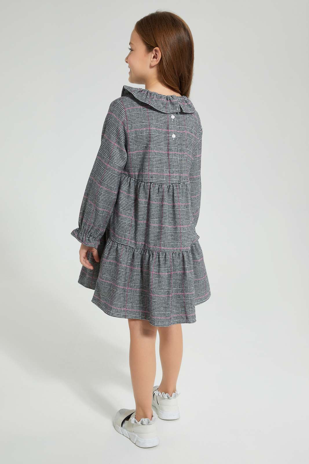 Redtag-Assorted-Check-Tiered-Dress-With-Collar-Dresses-Girls-2 to 8 Years
