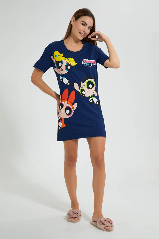 Redtag-Navy-Power-Puff-Girls-Printed-Nightshirt-Colour:Navy,-Filter:Women's-Clothing,-New-In,-New-In-Women,-Non-Sale,-Section:Women,-W21B,-Women-Chemises-Women's-