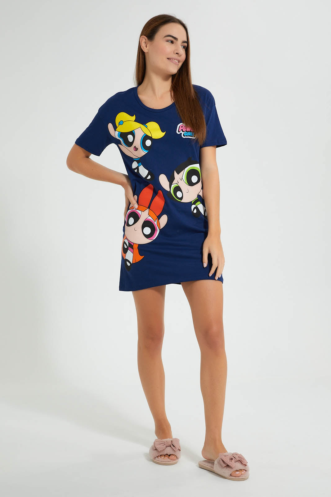 Redtag-Navy-Power-Puff-Girls-Printed-Nightshirt-Colour:Navy,-Filter:Women's-Clothing,-New-In,-New-In-Women,-Non-Sale,-Section:Women,-W21B,-Women-Chemises-Women's-