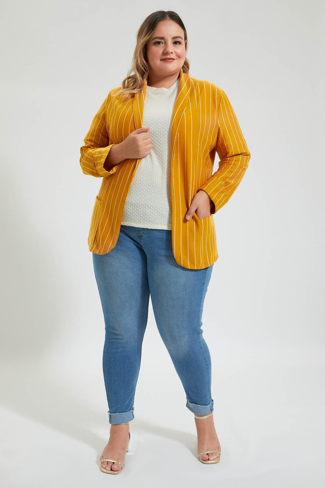 Redtag-Striped-Jacket-Colour:Mustard,-Deals:20%OFF,-Filter:Plus-Size,-LDP-Jackets,-New-In,-New-In-LDP,-Non-Sale,-Section:Women,-W21B-Women's-