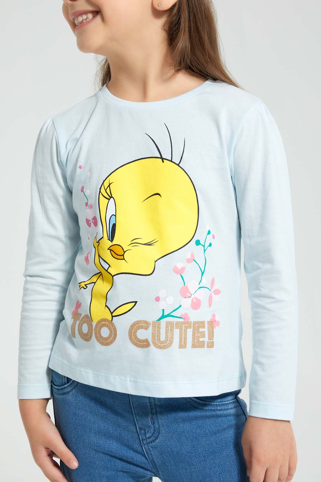 Redtag-Blue-Tweety-Print-T-Shirt-Character-Girls-2 to 8 Years