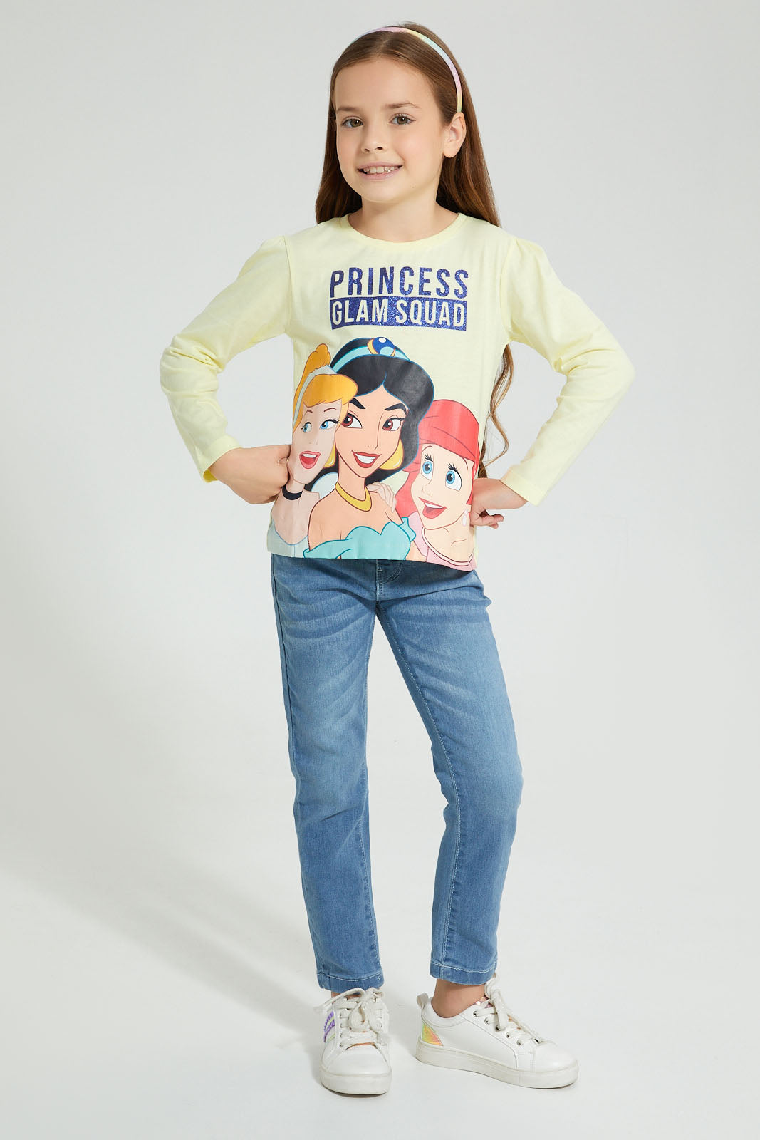 Redtag-Yellow-Princess-Print-Tee-Character-Girls-2 to 8 Years