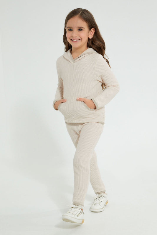 Redtag-Cream-Casual-Set-With-Kangaroo-Pocket-Sets-Girls-2 to 8 Years