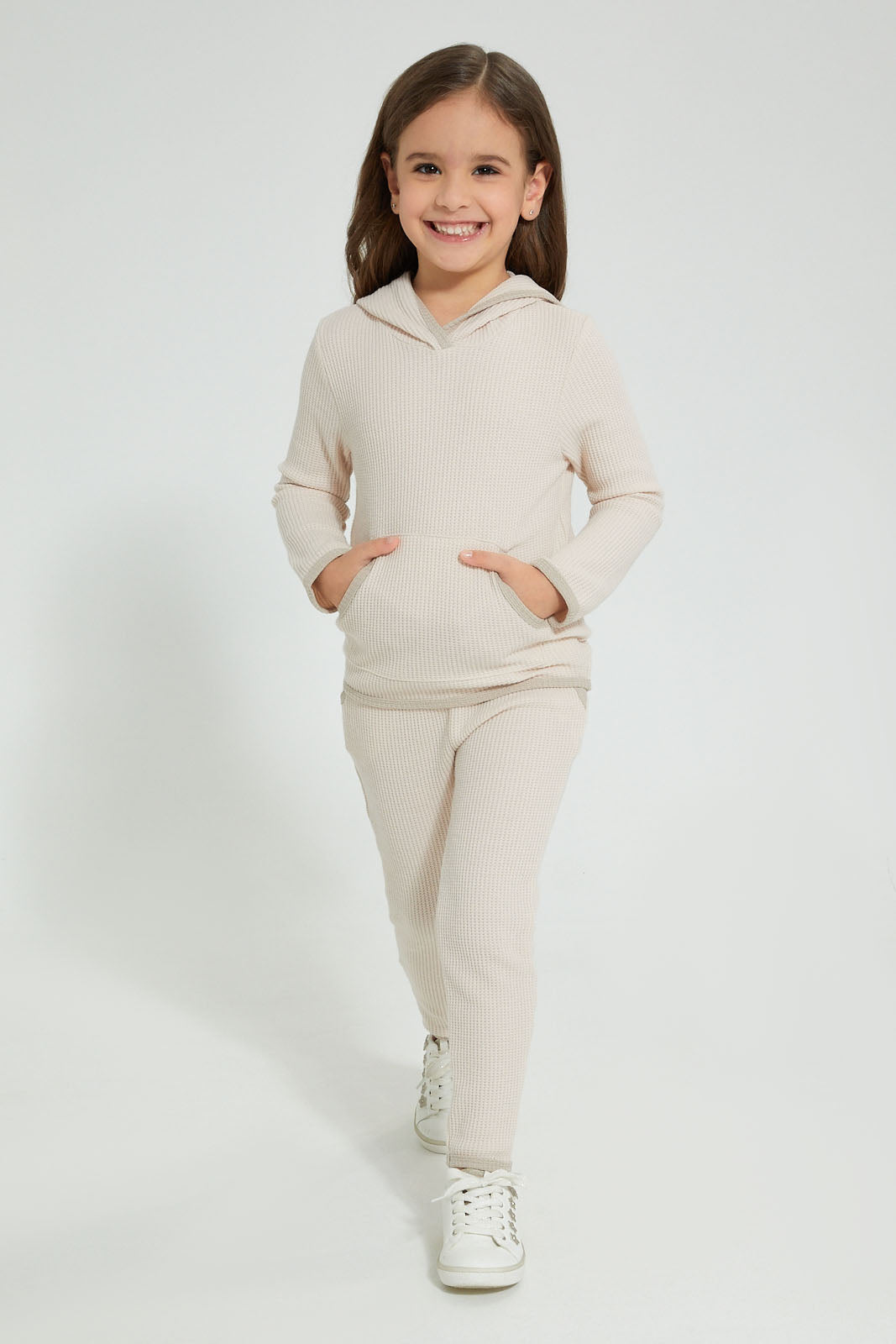 Redtag-Cream-Casual-Set-With-Kangaroo-Pocket-Sets-Girls-2 to 8 Years