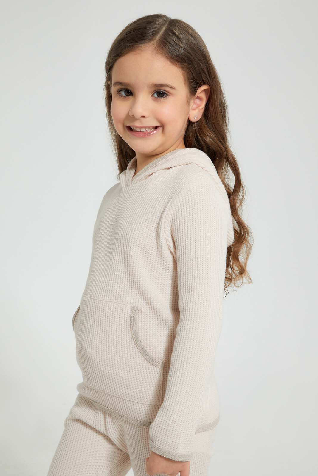 Redtag-Cream-Casual-Set-With-Kangaroo-Pocket-Sets-Girls-2 to 8 Years