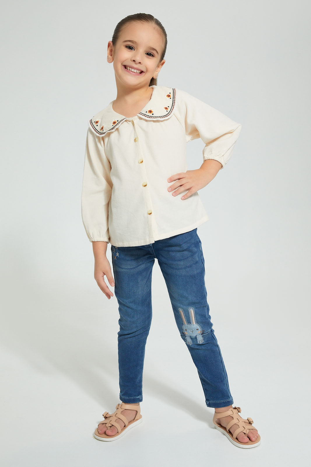 Redtag-Cream-Embroideredroided-Collar-Blouse-Blouses-Girls-2 to 8 Years