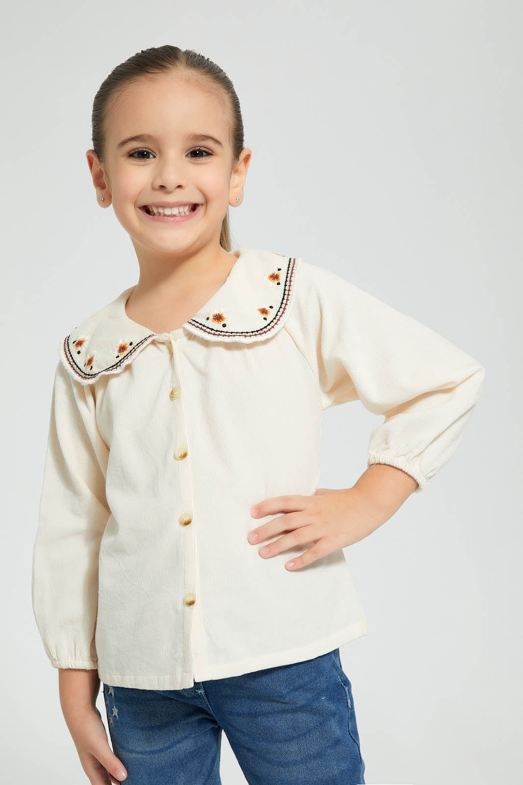 Redtag-Cream-Embroideredroided-Collar-Blouse-Blouses-Girls-2 to 8 Years