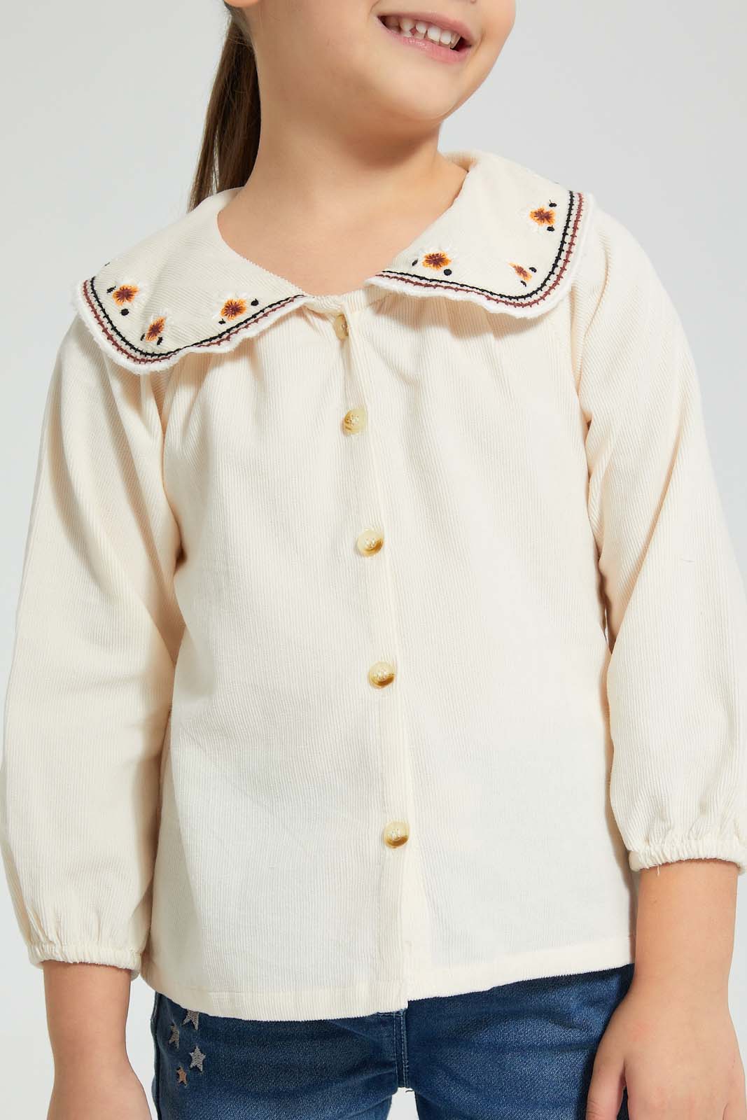 Redtag-Cream-Embroideredroided-Collar-Blouse-Blouses-Girls-2 to 8 Years