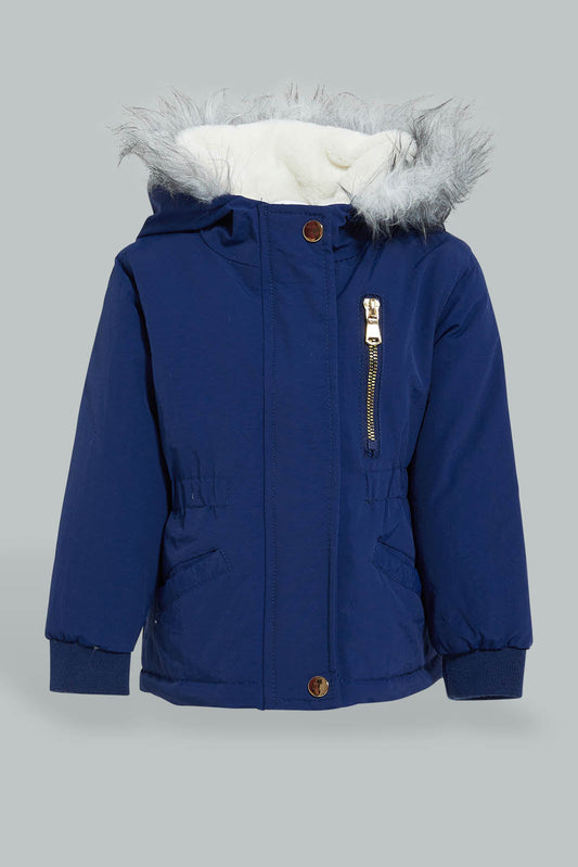 Redtag-Navy-Sherpa-Hooded-Jacket-With-Flap-Pocket-Details-Jackets-Infant-Girls-3 to 24 Months
