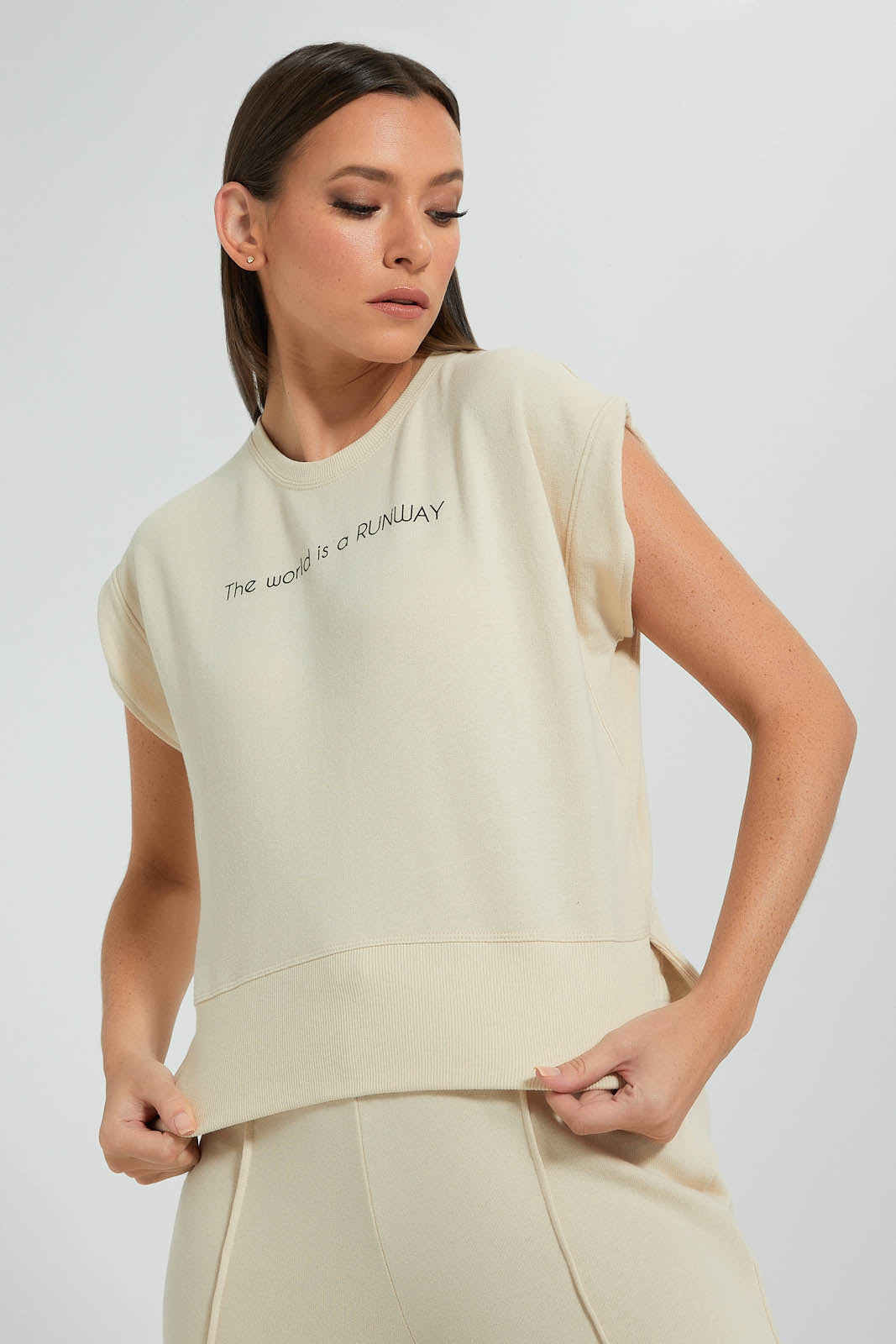 Beige Sleeveless Sweater Top