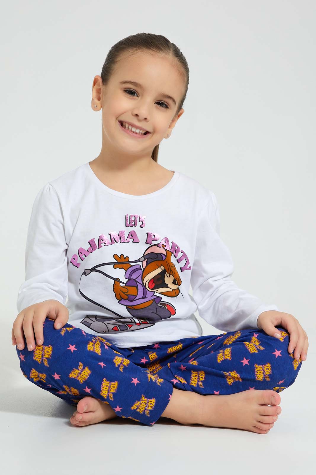 Redtag-White-Tom-&-Jerry-Nightsuit-Pyjama-Sets-Girls-2 to 8 Years