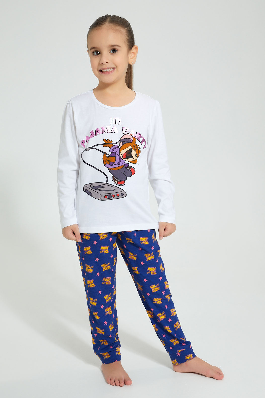 Redtag-White-Tom-&-Jerry-Nightsuit-Pyjama-Sets-Girls-2 to 8 Years