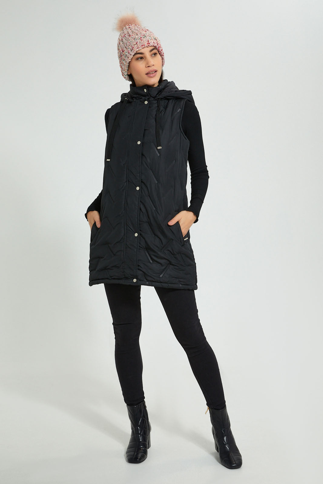 Redtag-Black-Sleeveless-Padded-Jacket-With-Hoodie-Jackets-Women's-