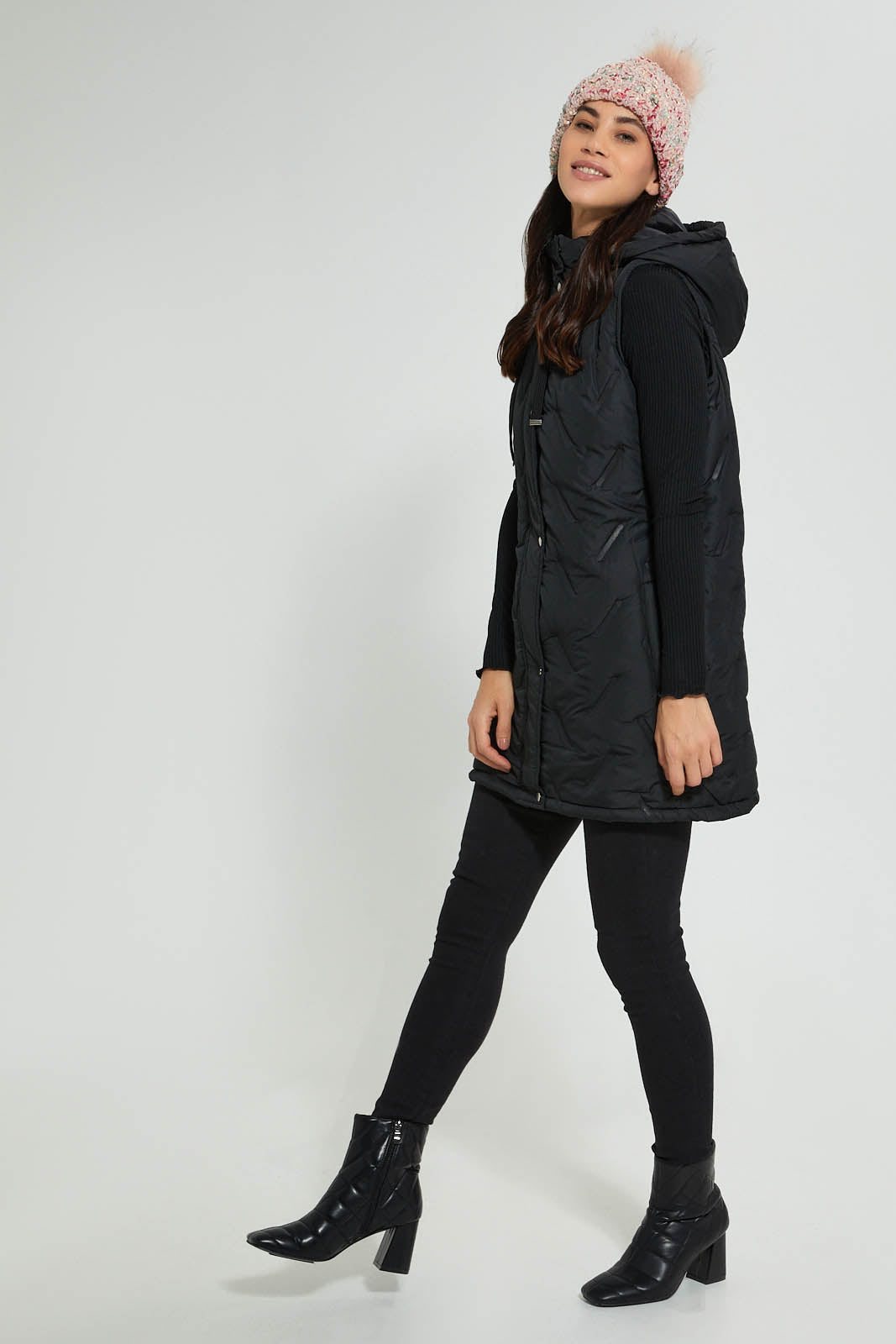 Redtag-Black-Sleeveless-Padded-Jacket-With-Hoodie-Jackets-Women's-