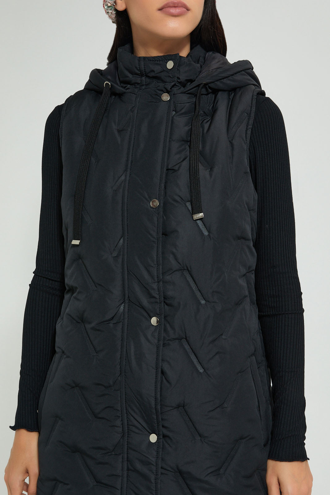 Redtag-Black-Sleeveless-Padded-Jacket-With-Hoodie-Jackets-Women's-