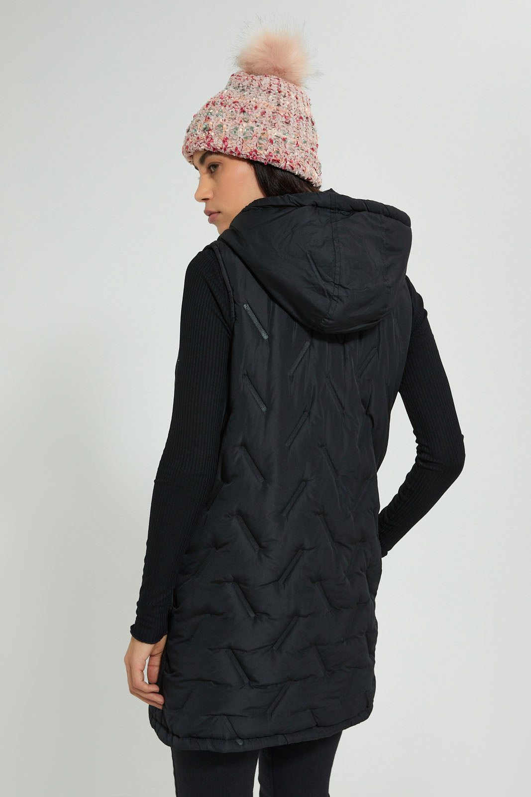 Redtag-Black-Sleeveless-Padded-Jacket-With-Hoodie-Jackets-Women's-