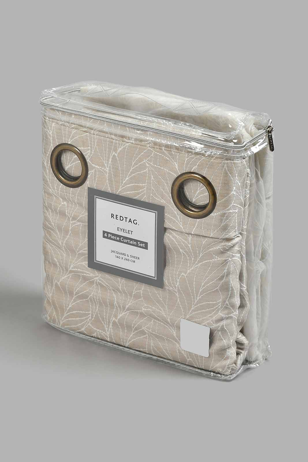 Redtag-Beige-Geometric-Jacquard-&-Sheer-4-Piece-Curtain-Set-Curtains-Home-Bedroom-