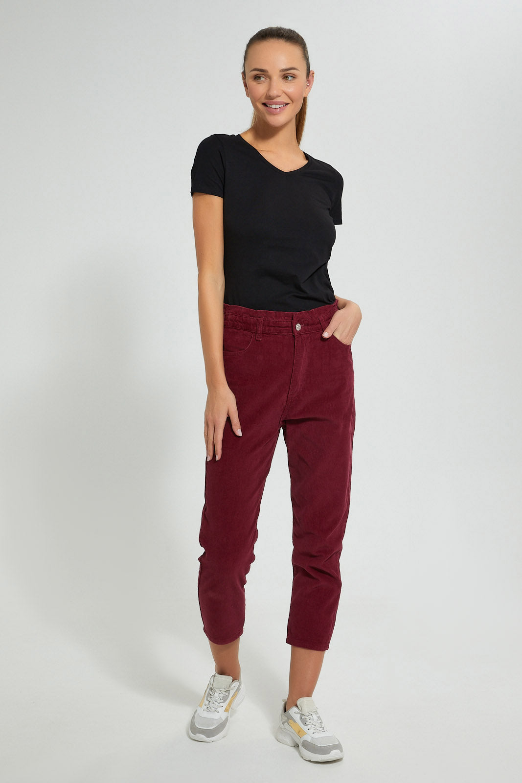 Redtag-Burgundy-Baggy-Fit-Corduroy-Jeans-Women's-