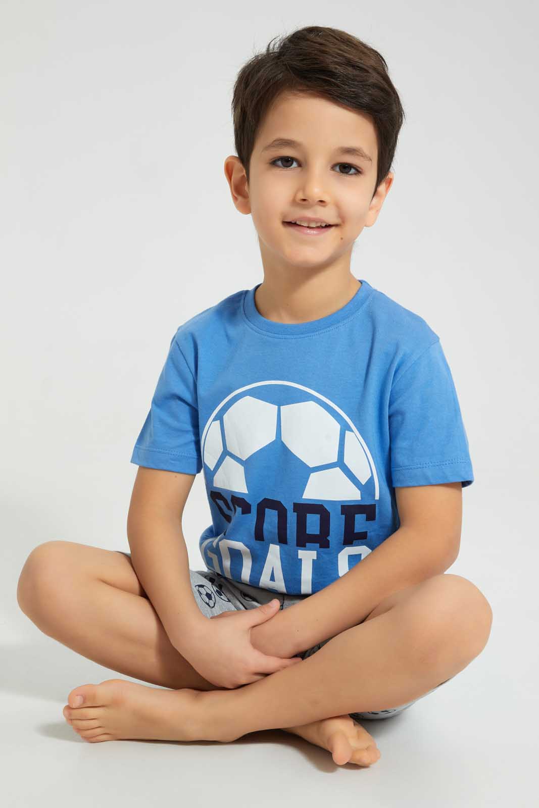 Redtag-Blue-Goal-Short-Sleeve-T-Shirt-And-Short-Set-Pyjama-Sets-Boys-2 to 8 Years