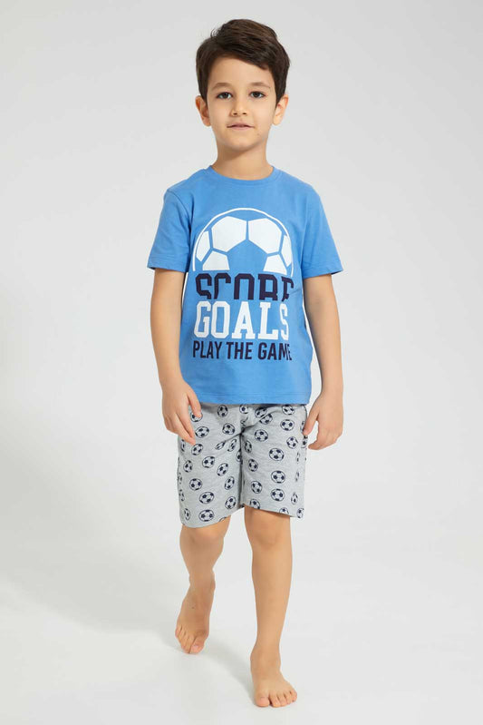 Redtag-Blue-Goal-Short-Sleeve-T-Shirt-And-Short-Set-Pyjama-Sets-Boys-2 to 8 Years
