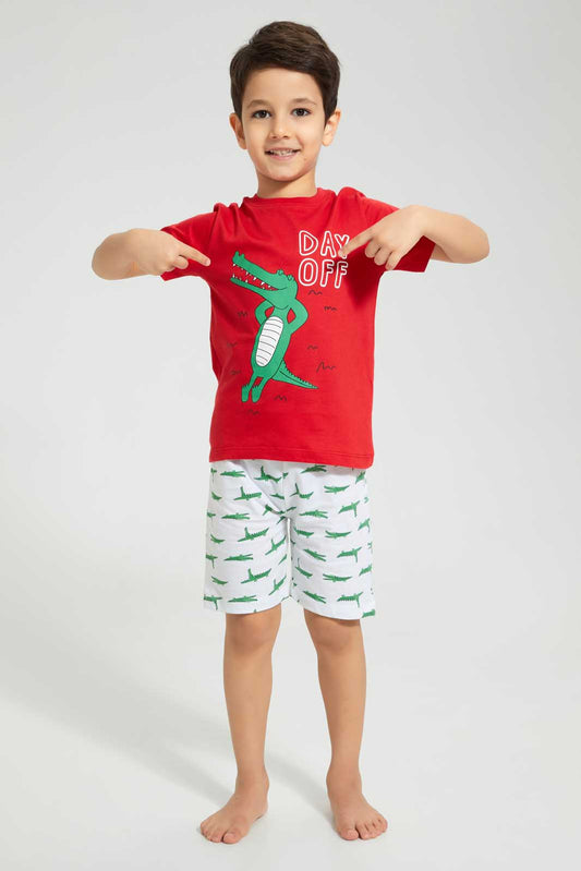 Redtag-Red-Alligator-Day-Off-Short-Sleeve-T-Shirt-And-Short-Set-Pyjama-Sets-Boys-2 to 8 Years