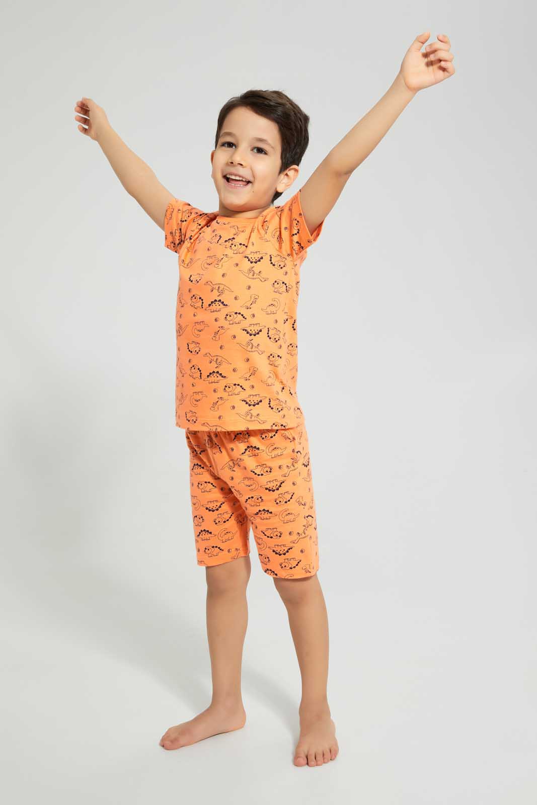 Redtag-Coral-Dino-Aop-T-Shirt-And-Aop-Short-Set-Pyjama-Sets-Boys-2 to 8 Years