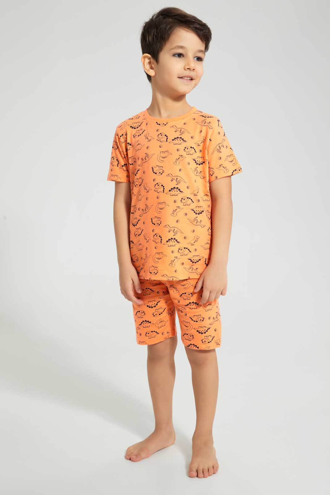 Redtag-Coral-Dino-Aop-T-Shirt-And-Aop-Short-Set-Pyjama-Sets-Boys-2 to 8 Years