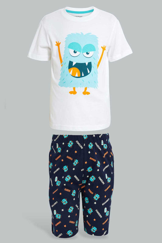 White And Navy Monster Pyjama Set (2 Piece)