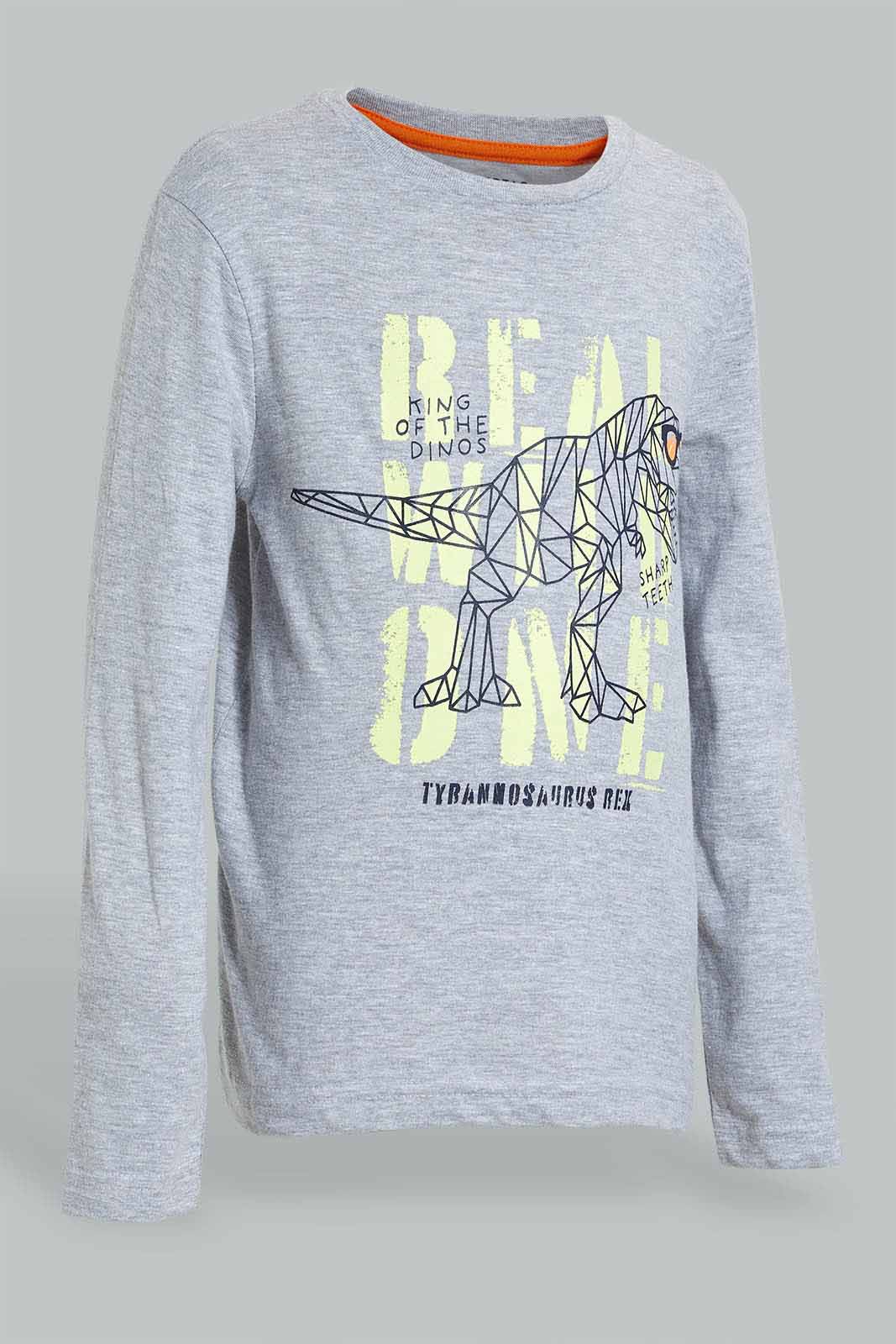 Redtag-Grey-Dinosaur-Long-Sleeve-T-Shirt-And-Long-Pant-Pyjamas-Pyjama-Sets-Boys-2 to 8 Years