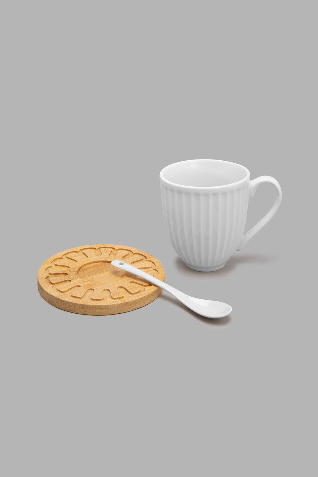 Redtag-White-Embossed-Mug-Set-With-Bamboo-Coaster-And-Spoon-(6-Piece)-Tea-Sets-Home-Dining-