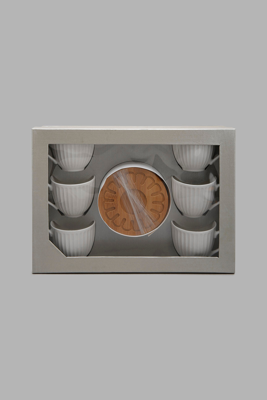 Redtag-White-Embossed-Tea-Cup-Set-With-Bamboo-Coaster-(12-Piece)-Tea-Sets-Home-Dining-