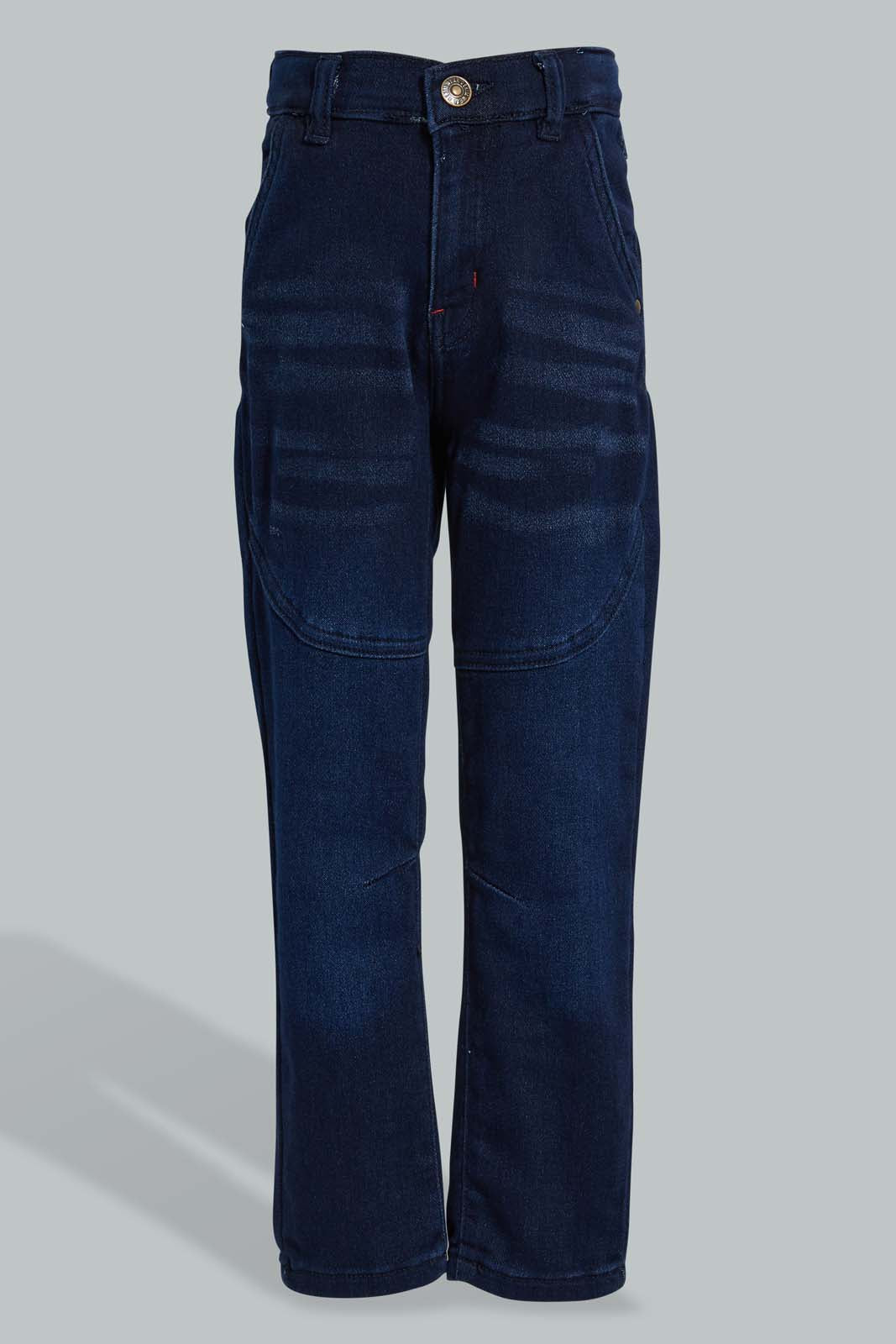 Redtag-Dark-Wash-Knit-Denim-Paneled-Jean-Jeans-Pull-On-Boys-2 to 8 Years