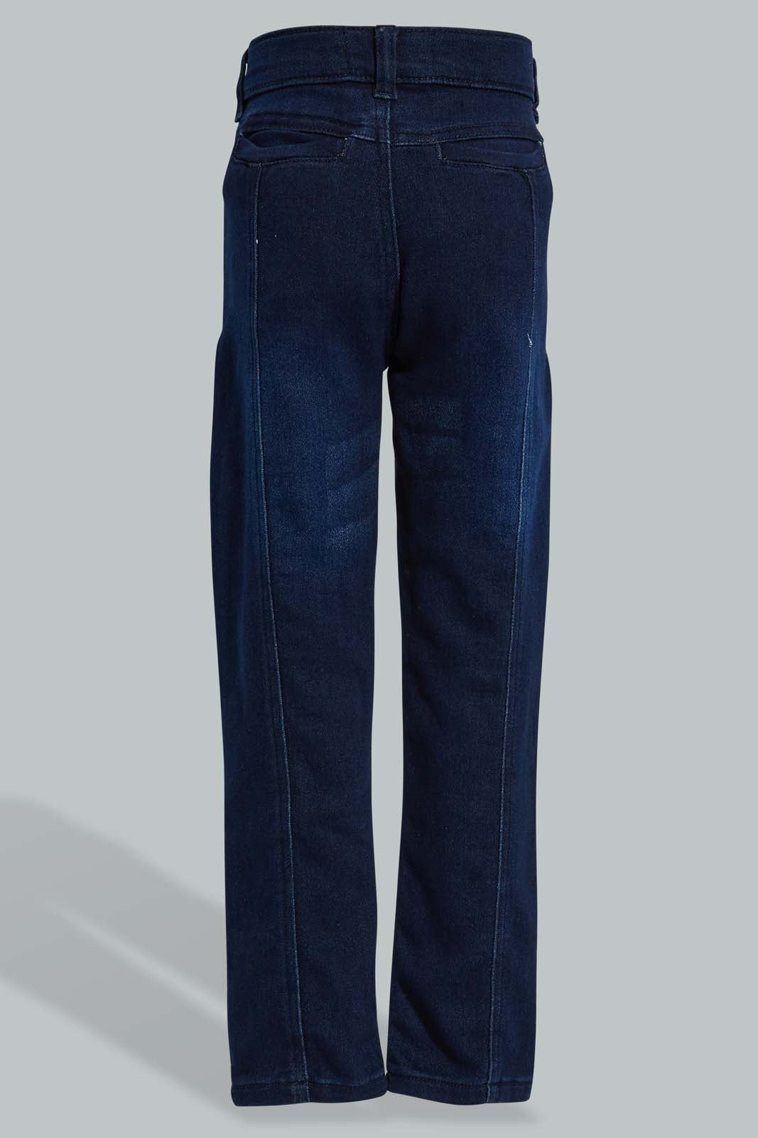 Redtag-Dark-Wash-Knit-Denim-Paneled-Jean-Jeans-Pull-On-Boys-2 to 8 Years