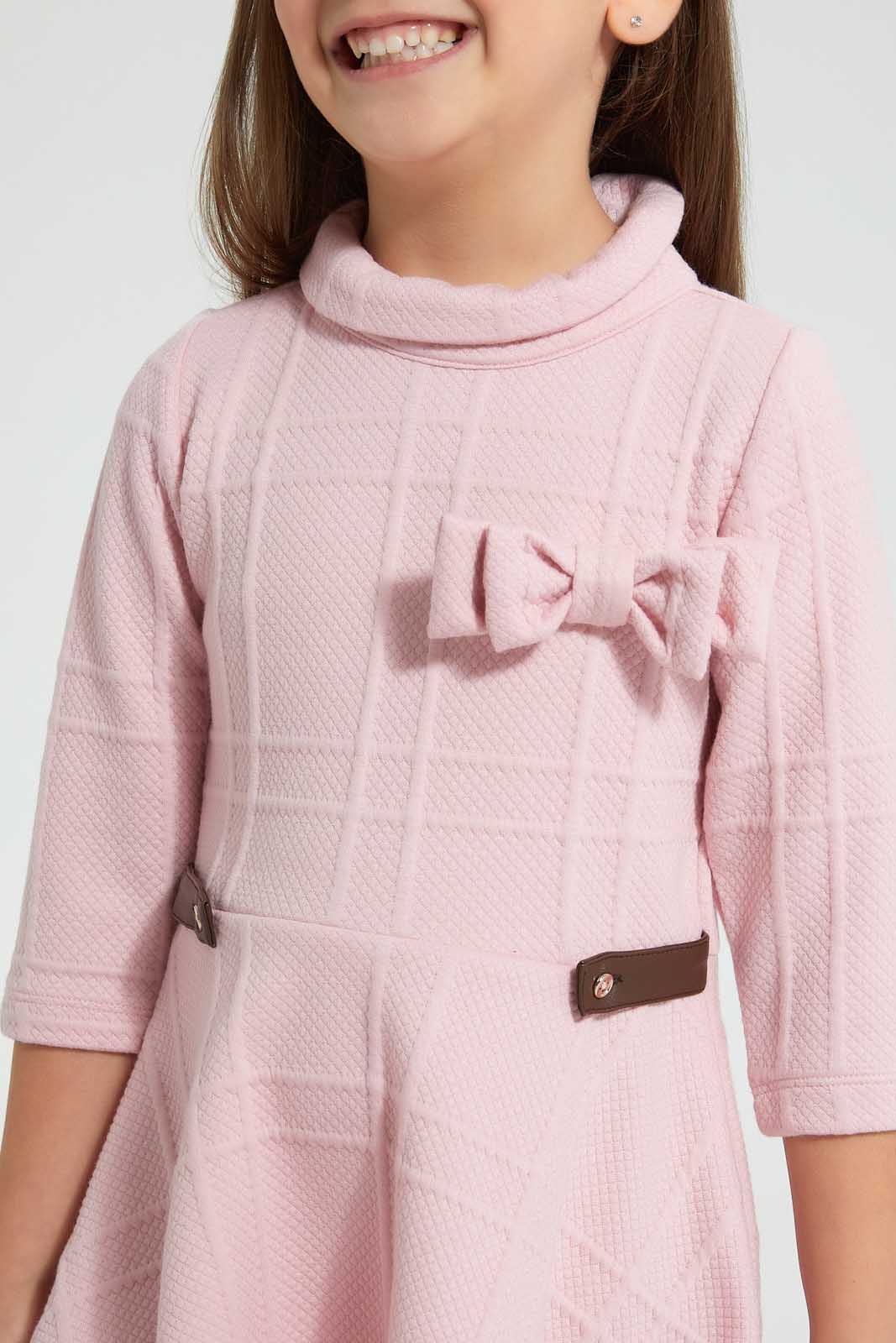 Redtag-Pink-High-Neck-Textured-Dress-Dresses-Girls-2 to 8 Years