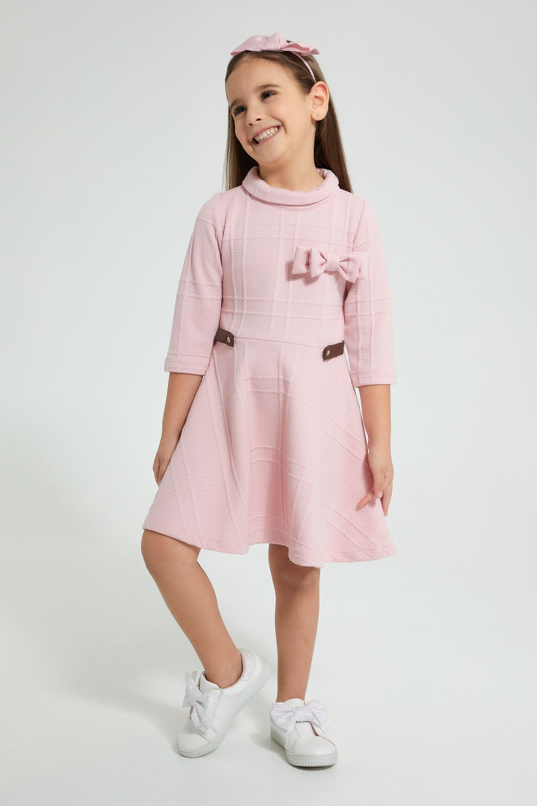 Redtag-Pink-High-Neck-Textured-Dress-Dresses-Girls-2 to 8 Years